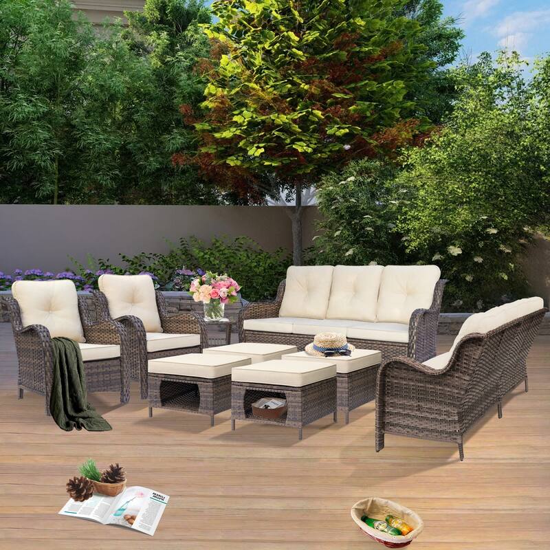 Wicker Outdoor Patio Furniture Seating Sofa Set with Storage Ottomans - 9 Piece - Beige
