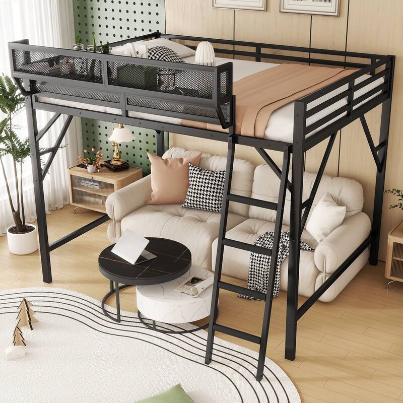 Heavy Duty Metal Loft Bed Frame with Guardrails and Storage Shelves
