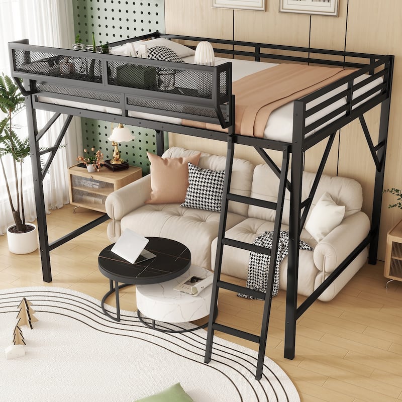 Metal Loft Bed Frame with Storage Shelves for Upper, Loft Bed with Ladder, High Loft Bed for Kids Teens - Black - Full
