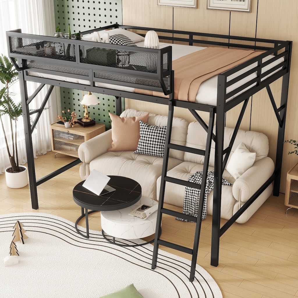 Metal Loft Bed Frame with Storage Shelves for Upper, Loft Bed with Ladder, High Loft Bed for Kids Teens