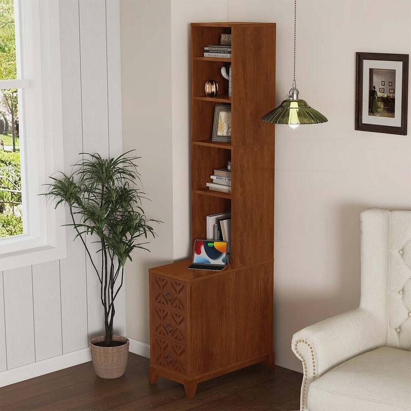 Corner Table with 3 Drawers, 4 Adjustable Shelves,and Built-in Charging Station for Modern Bedrooms and Corners