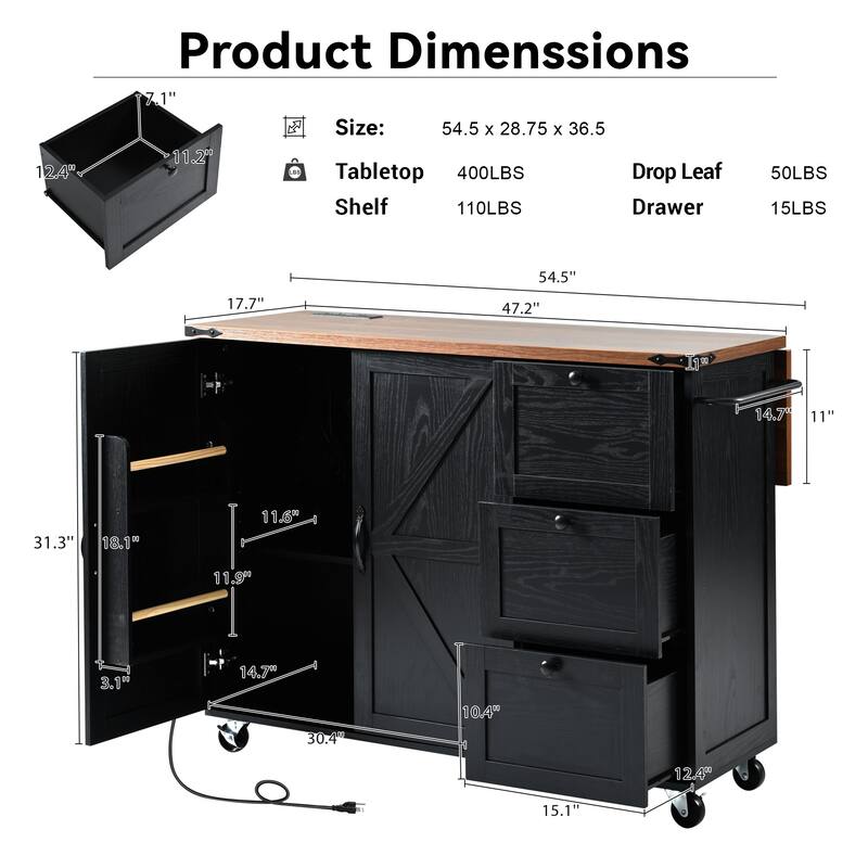 Farmhouse Kitchen Island with Drop Leaf, Power Outlet, Barn Doors, 3-Tier Storage, Rolling Cart on Wheels for Kitchen