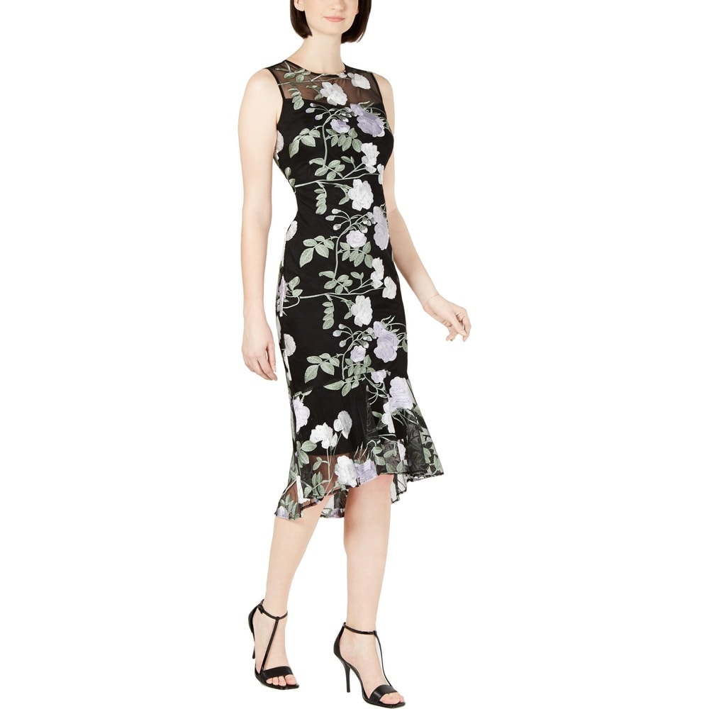 calvin klein floral embroidered trumpet midi dress