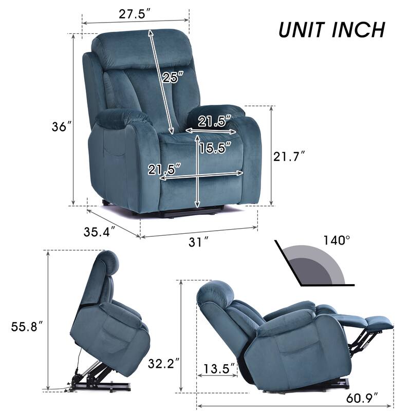 Blue Power Lift Recliner for Elderly with Remote & Side Pocket