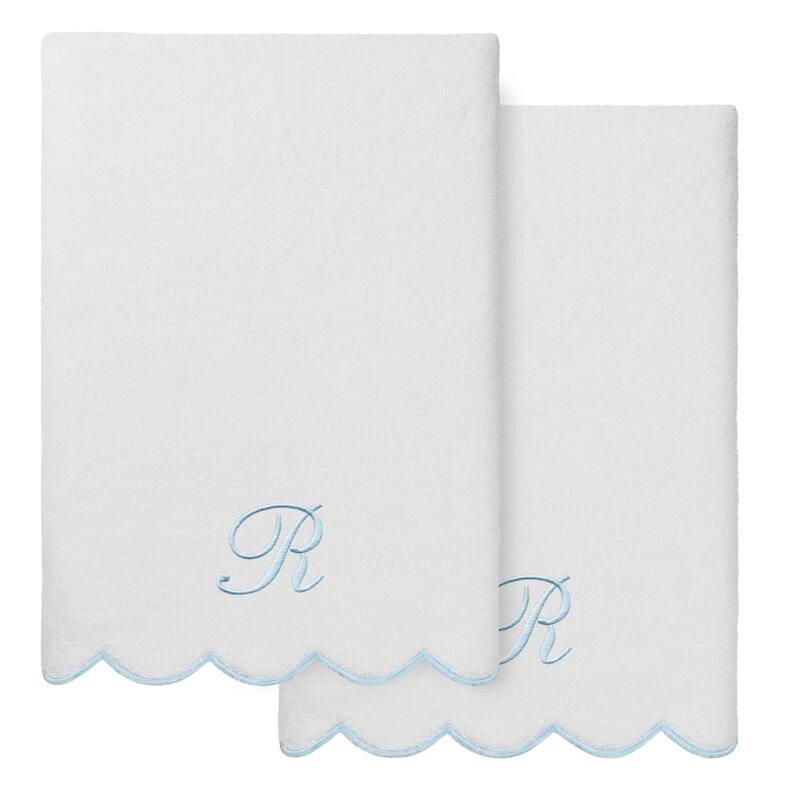 Authentic Hotel and Spa 100% Turkish Cotton Blue ADORNIA Scallop Personalized 2 Piece Bath Towel Set - 2 Bath Towels - R