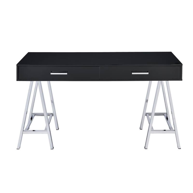 2 Drawers Writing Desk with Metal Base, Black High Gloss and Chrome