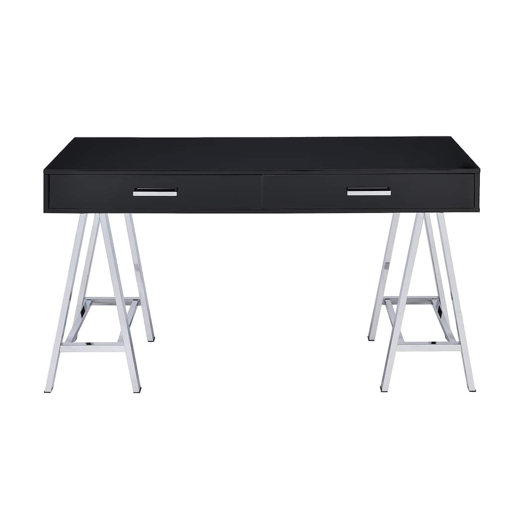 2 Drawers Writing Desk with Metal Base, Black High Gloss and Chrome