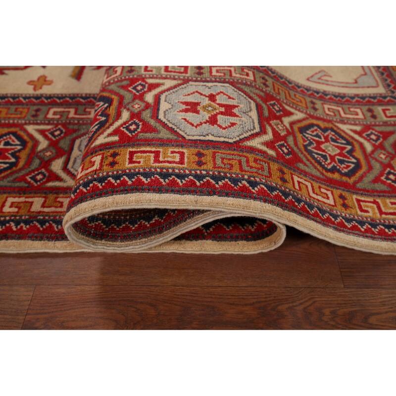 Hand Knotted Oriental 100% Wool Carpet Traditional Geometric Yellow & Gold Kazak Area Rug - 9' 8'' X 6' 5''