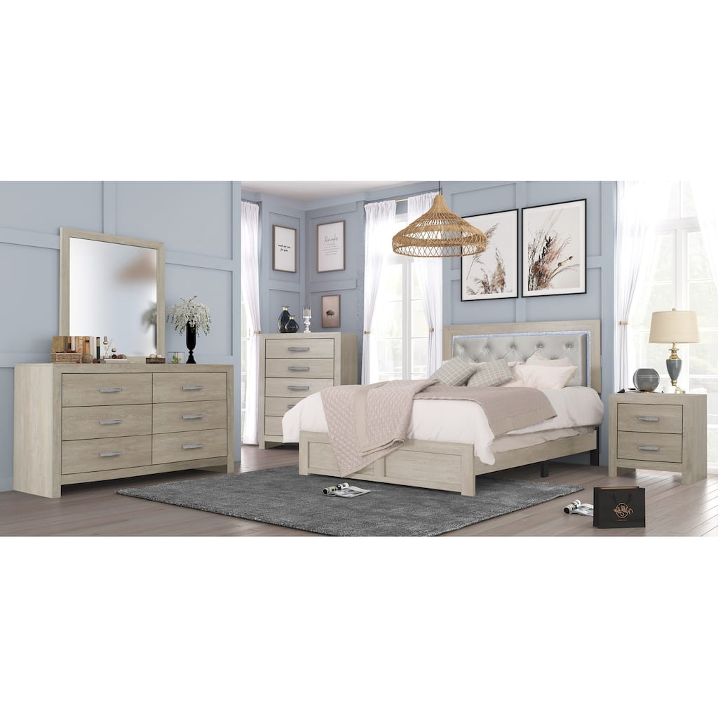 Bernard 4 Piece Cream LED Faux Leather Upholstered Tufted Panel Bedroom Set