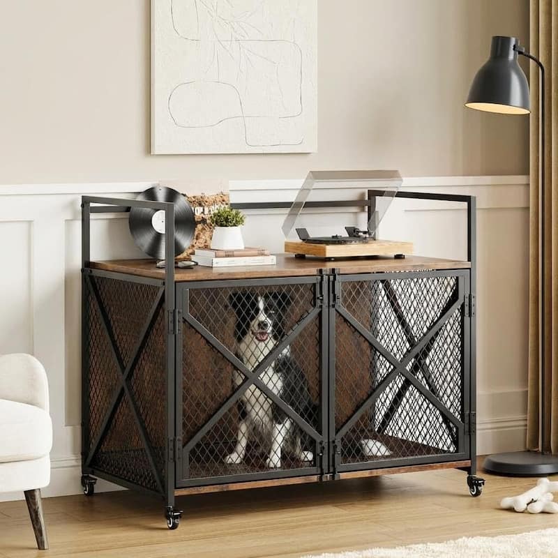 31 Inch Dog Crate Furniture, Dog Kennel with Wheels for Medium/ Large Dogs - Brown