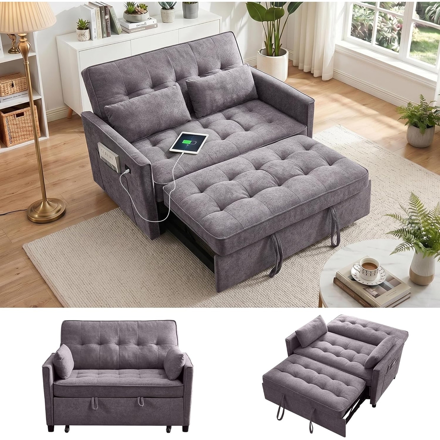 55" 3 in 1 Convertible Sofa Bed with USB Charging Ports,Pull Out Couch with Adjustable Backrest and Side Pockets