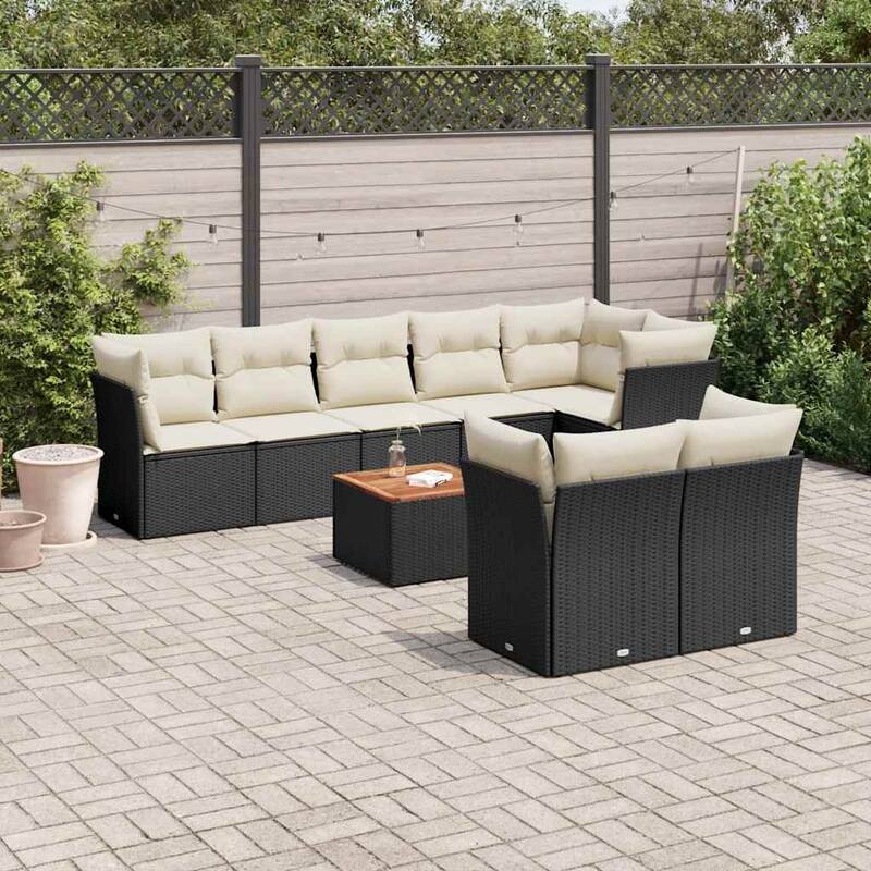 vidaXL Patio Sofa Set with Cushions Outdoor Furniture 9 Piece Poly Rattan - 24.4 x 24.4 x 27.2 - Black and Cream
