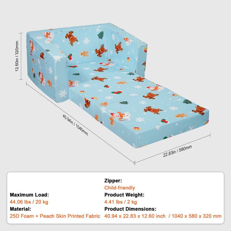 Sky Blue Foam Foldable Kids Sofa Bed with Printed Fabric and Zippers - 40.94” L x 22.83” W x 12.60” H