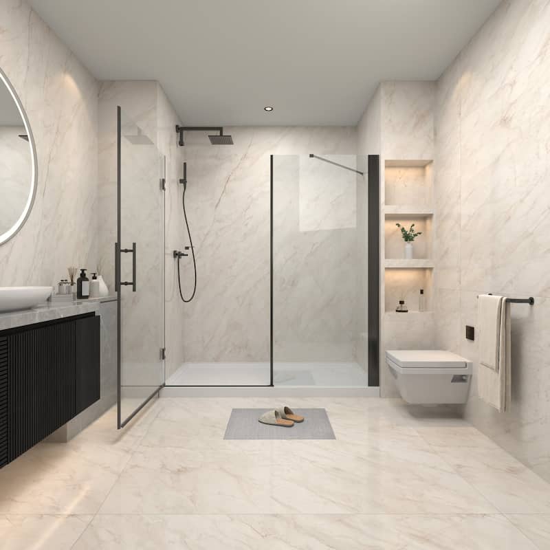 72" x 76" Pivot Semi-Frameless Shower Door in Black Finish with Tempered Glass - 76'' x 72''