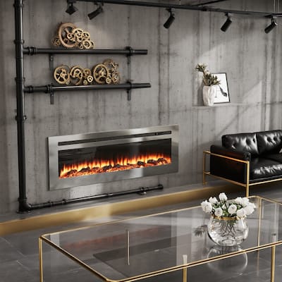 Wall Mounted & Recessed Electric Fireplace with 12 Flame Colors, Stainless Steel Electric Fireplace