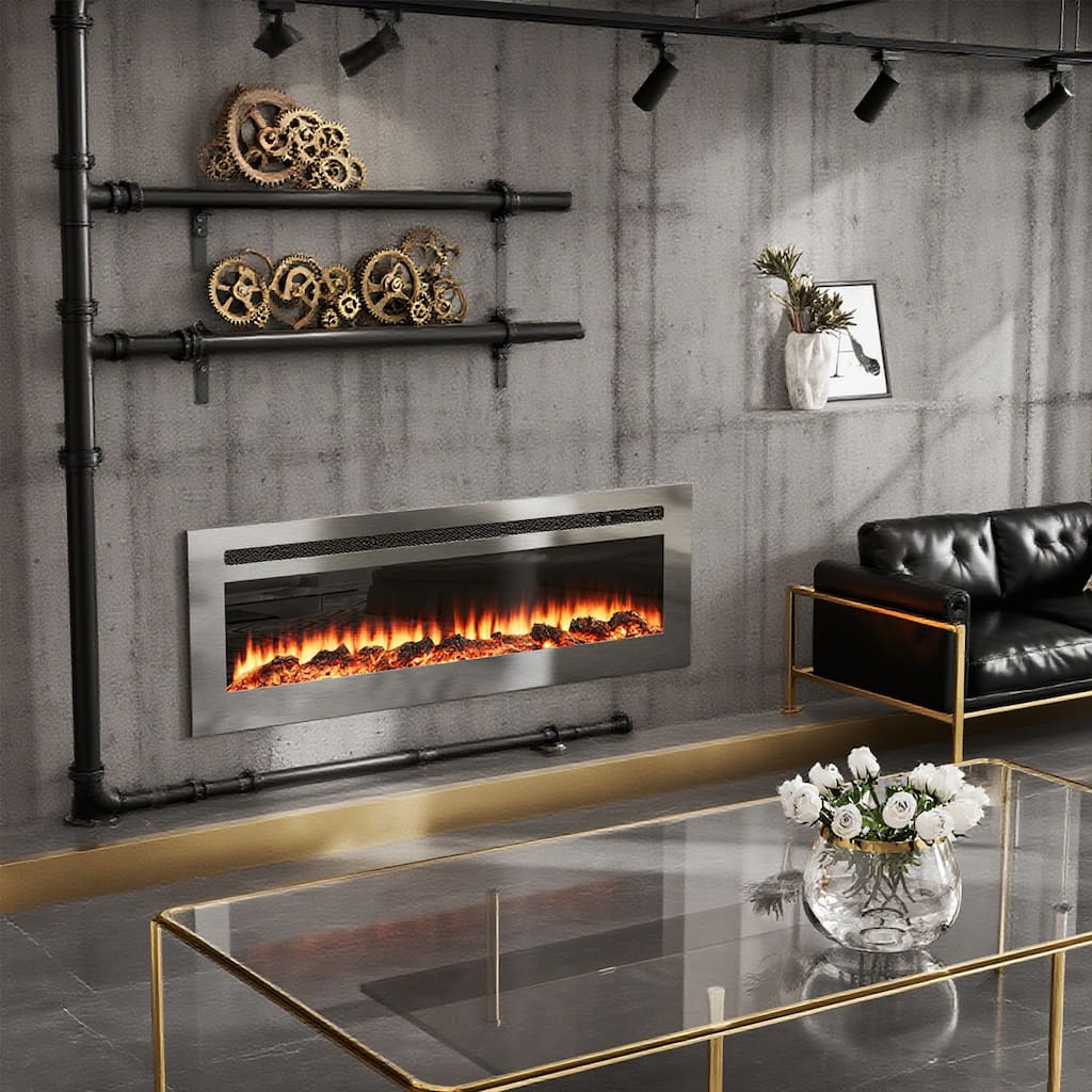 Wall Mounted & Recessed Electric Fireplace with 12 Flame Colors, Stainless Steel Electric Fireplace