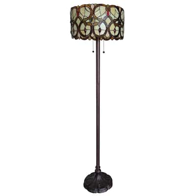 Beige Metal Torchiere Floor Lamp with Red White Stained Glass Shade - 16” x 16” x 63” (D x W x H)