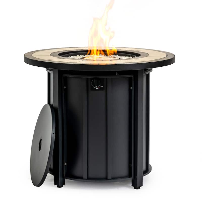 GDFStudio - Modern Outdoor 30" Propane Gas Fire Pit Table with Wood Grain Top & Removable Anti-Rust Lid, Cover Included