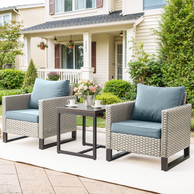 3PCS Patio PE Wicker Chair with Cushion and Table - Light Grey - Baby Blue