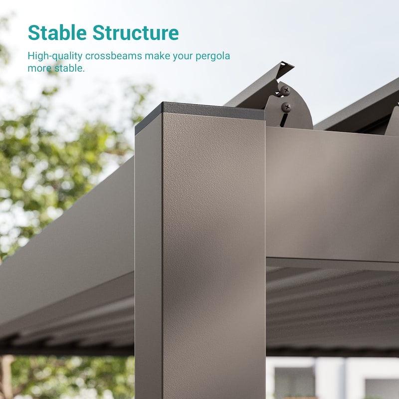 BONOSUKI Outdoor Aluminized Steel LED Louvered Pergola with Adjustable Roof, Brown