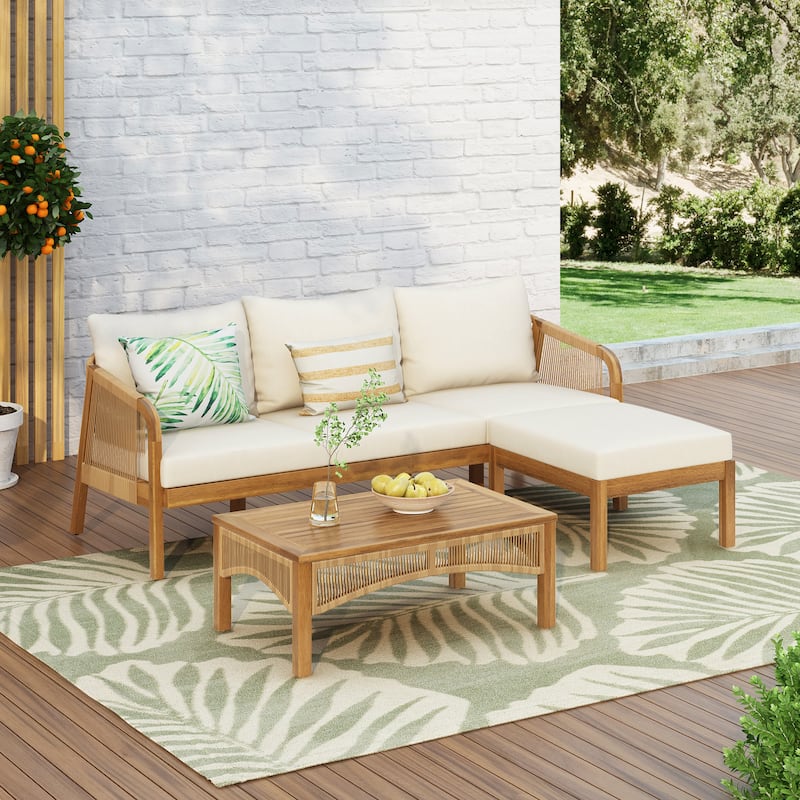 Christopher Knight Home - Mateo Outdoor 3-Pieces Acacia Wood Patio Sectional Chat Set - Teak + Mix Brown + Beige