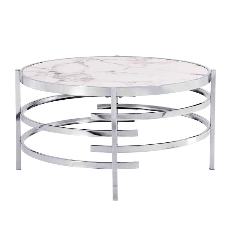 Round Coffee Table with Sintered Stone Top and Sturdy Metal Frame