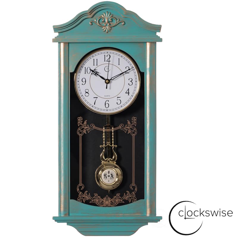 Clockswise Vintage Grandfather Wood-Looking Plastic Pendulum Decorative Battery-Operated Wall Clock Brown, for Home Decor - 24 Inch High  - Blue