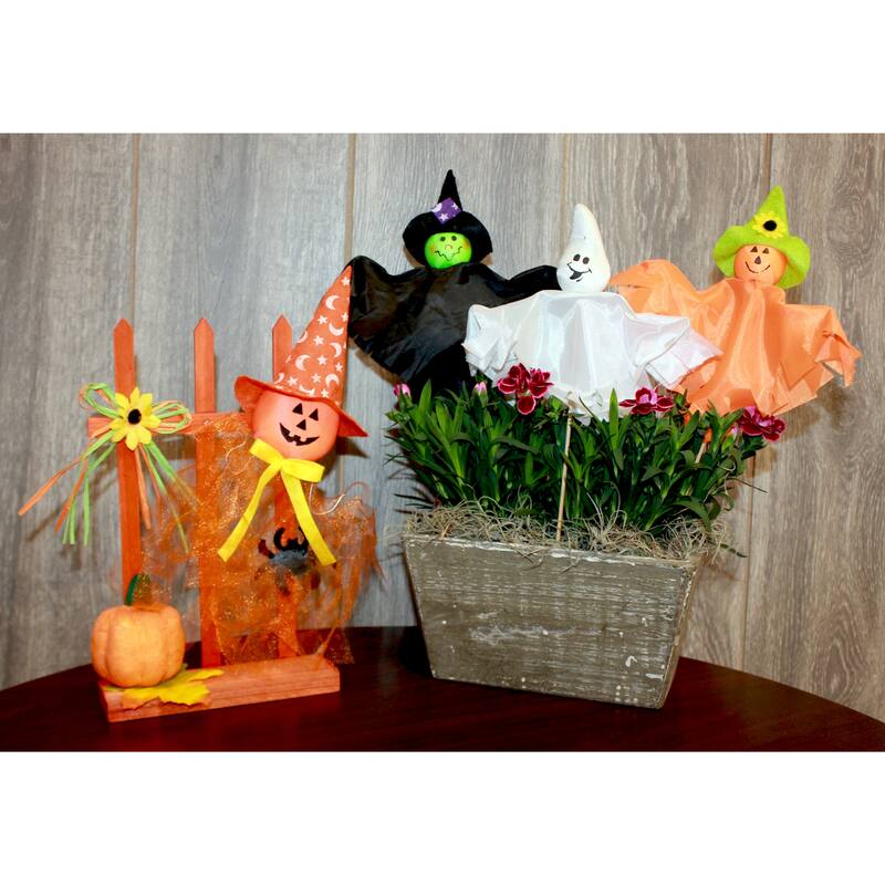 11" Tabletop Halloween Pumpkin Against a Fence, Set of 3