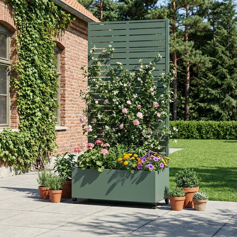 Raised Garden Bed Planter with Trellis Movable Planter Box with Lockable Wheels - 72*35 - Dark Green