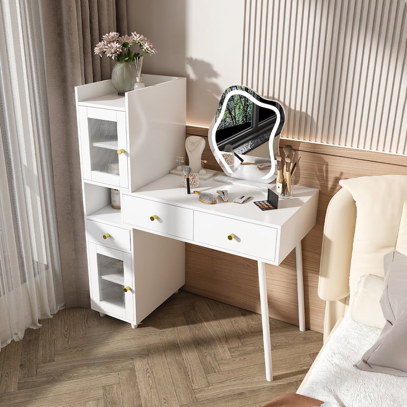 Vanity Dressing Table with LED Mirror & Storage, Makeup Desk Features 3 Drawers, 2 Open Shelves (Transparent Doors)
