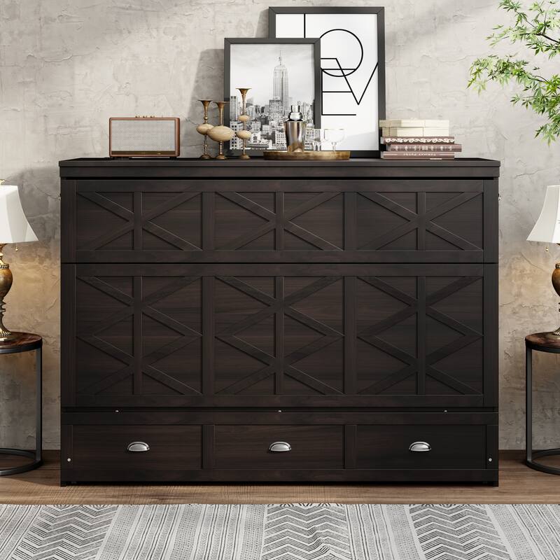 Queen Size Murphy Bed with Large Drawers and Charging Station - Brushed Espresso - Queen