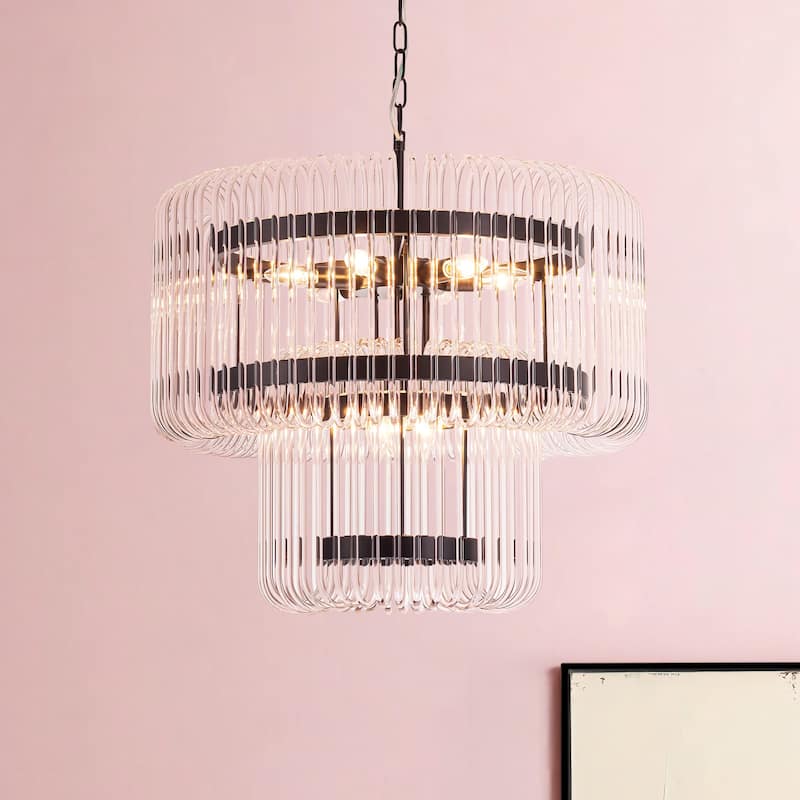 9-Light Modern Glam Drum Crystal Chandelier for Dining Room/Living Room 2-Tiered Round Chandelier Kitchen Island Pendant Light