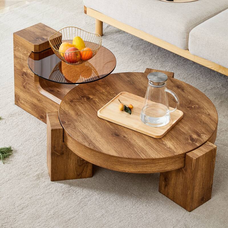 Double-Layer Round Coffee Table, Transparent Glass Top with L-Shaped Legs, Detachable Design Modern Center Table - Wood