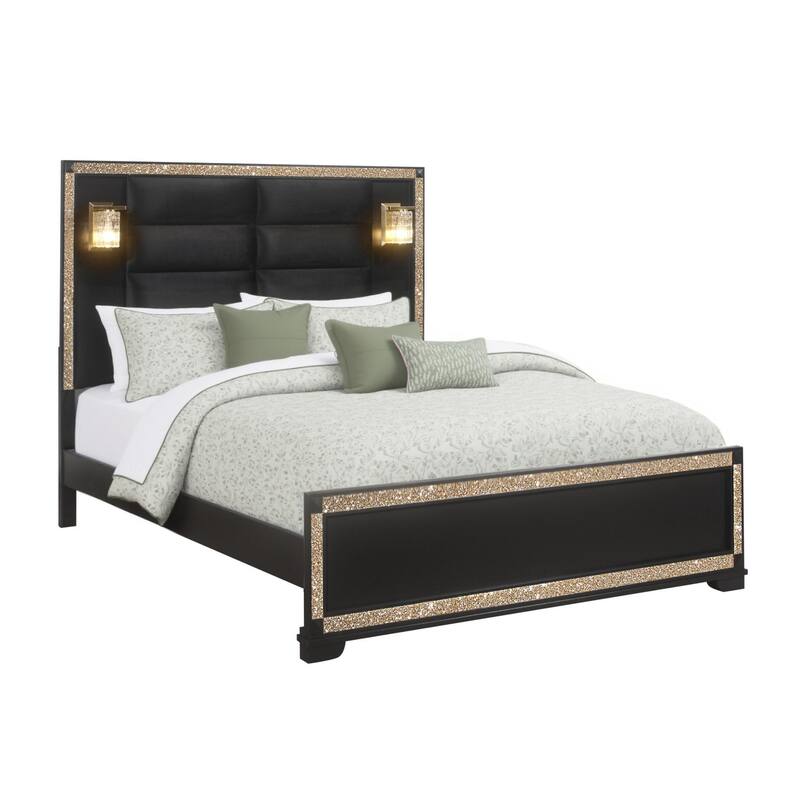 HomeRoots Black Faux Crystal Bling Wood And Upholstery Lighted King Bed Frame