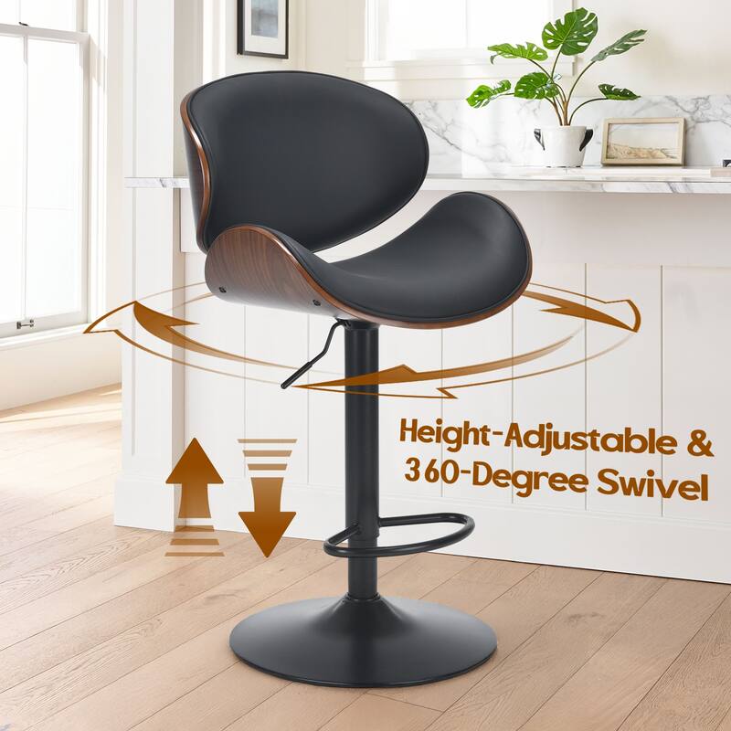 Swivel Bar Stools Set of 2, Adjustable Height Bentwood Barstools with PU Leather Upholstered Seat, Backrest and Footrest