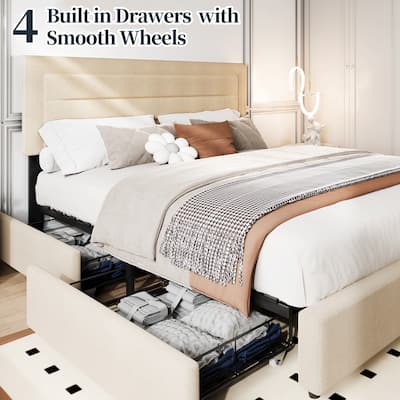 Full & Queen Size Storage Bed Frame with 4 Lockable Drawers, Adjustable Headboard