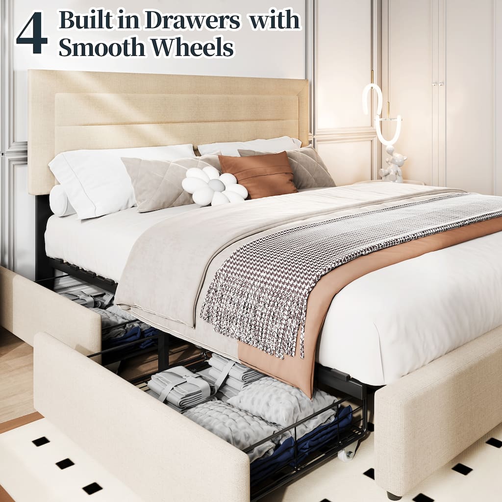 Full & Queen Size Storage Bed Frame with 4 Lockable Drawers, Adjustable Headboard