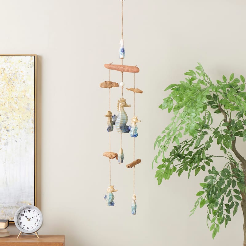 Blue Ceramic Ombre Starfish Windchime with Driftwood and Hanging Starfish Accents - Blue