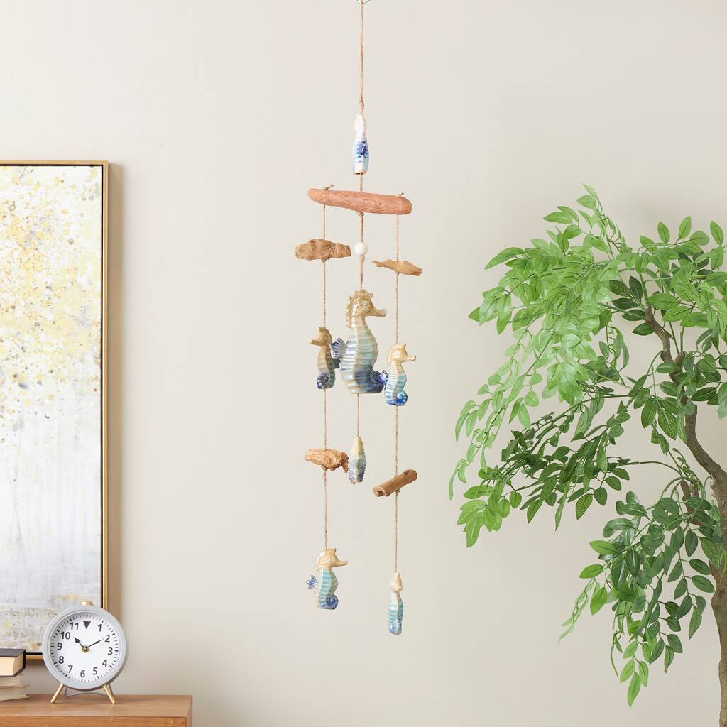 Blue Ceramic Ombre Starfish Windchime with Driftwood and Hanging Starfish Accents
