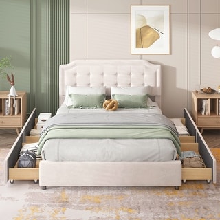 Queen Size Upholstered Platform Bed with Velvet Fabric Classic ...