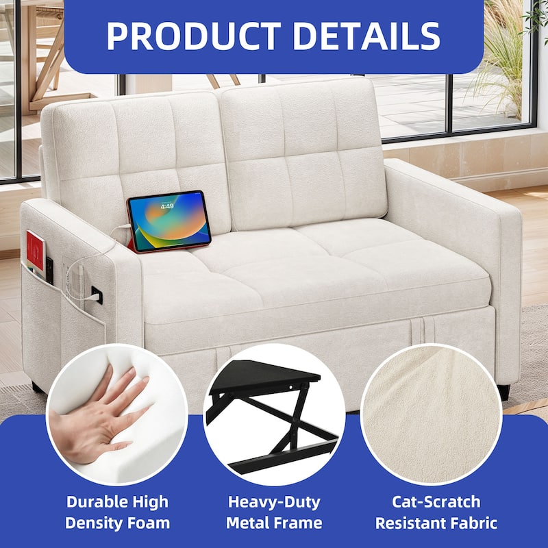 3-in-1 Multi-Functional Sleeper Sofa with Iron Frame Pull-Out Bed Loveseat and USB Port for Living Room or Small Space