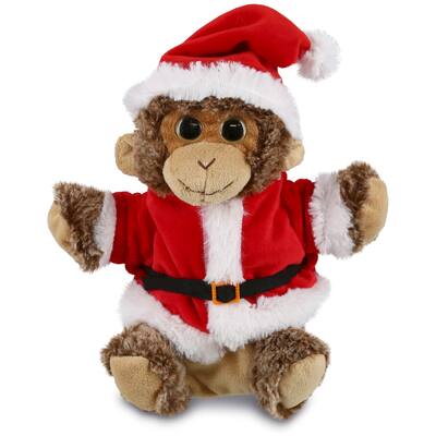 DolliBu Santa Monkey Stuffed Animal Plush Hand Puppet w/ Santa Outfit - 9 inches