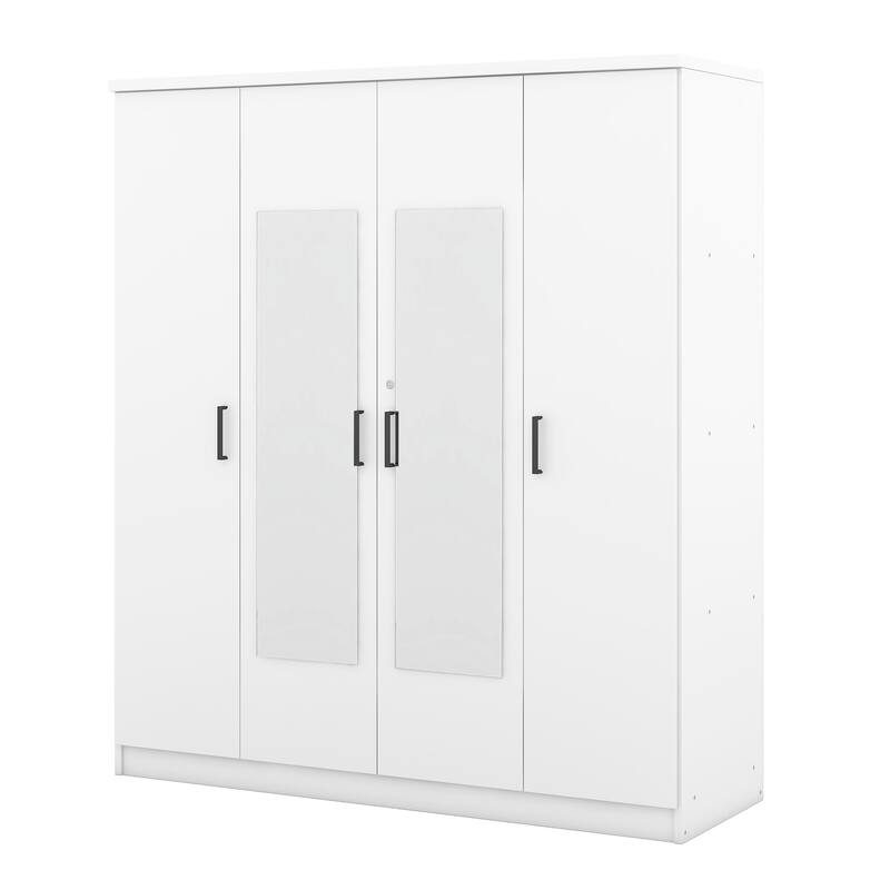 4-Door Mirror Wardrobe with Folding and Hanging Storage Area, Dual Full-Length Dressing Mirrors Door Armoires with Drawer