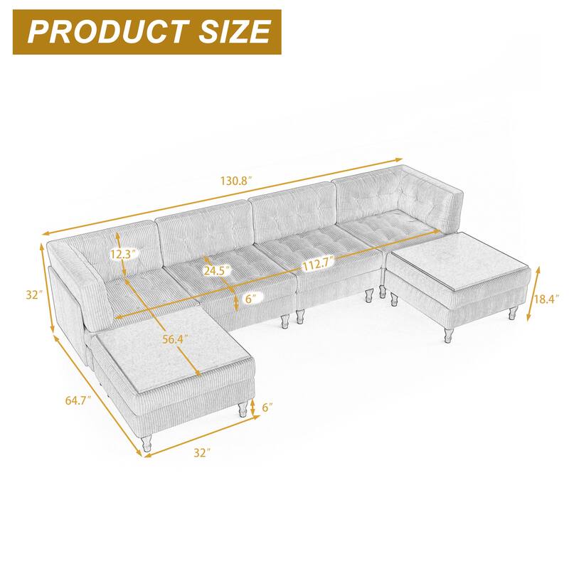 130"W Corduroy Upholstered Modular Sectional Sofa with Storage Ottoman