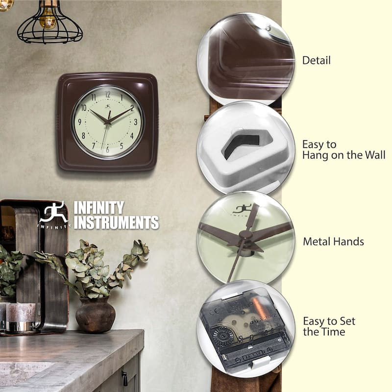 Infinity Instruments Retro 9.25-inch Square Wall Clock - 9.25 x 1.875 x 9.5