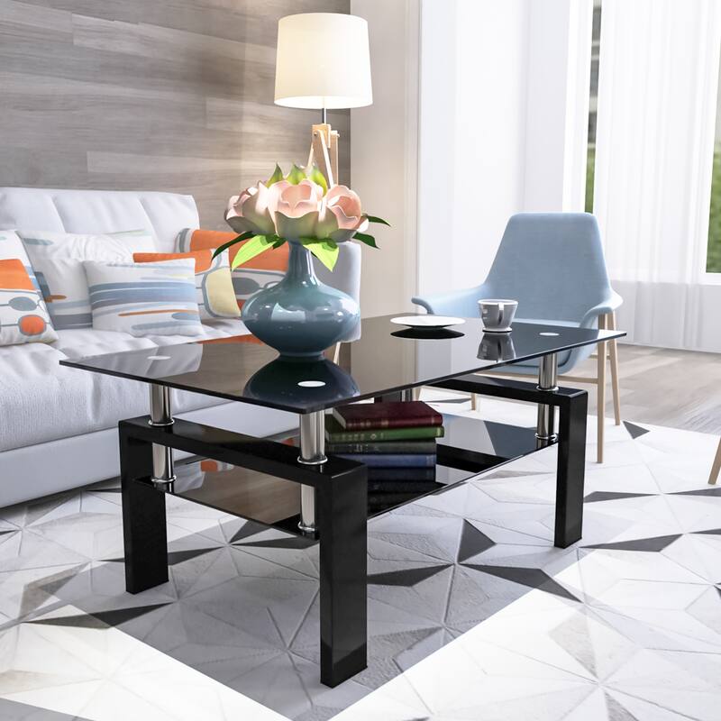 Rectangle Glass Coffee Table, Modern Side Center Tables for Living Room, Living Room Furniture - Black