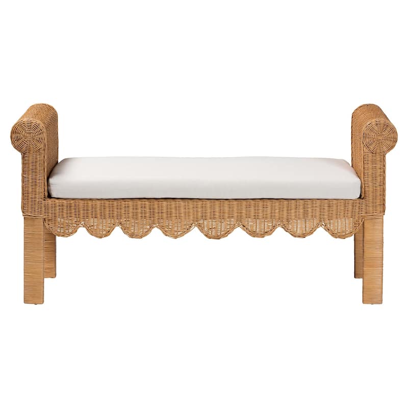 Reiko Handwoven Natural Rattan Bench with Scalloped Detailing - Boho Farmhouse Entryway, Bedroom, or Living Room Seating