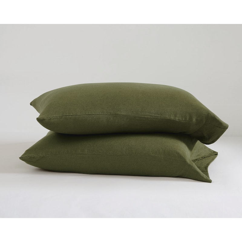 Brooklyn Loom 100% Natural Flax Linen Sheet Set and Pillowcase - King Pillowcase Pair - Olive Green