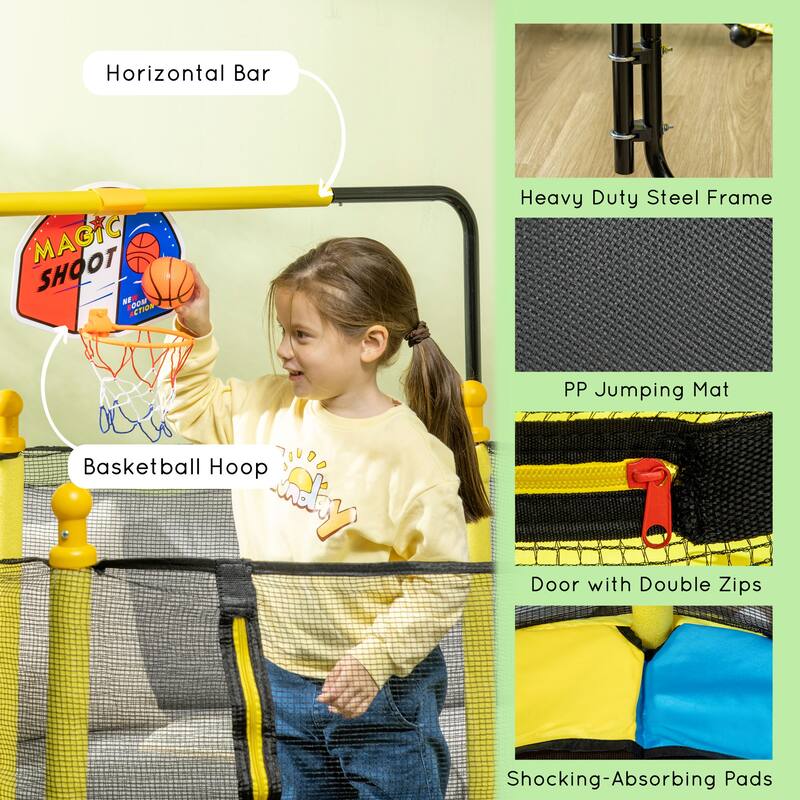 Qaba 4.6' Kids Trampoline with Basketball Hoop, Horizontal Bar, 55" Indoor Trampoline with Net