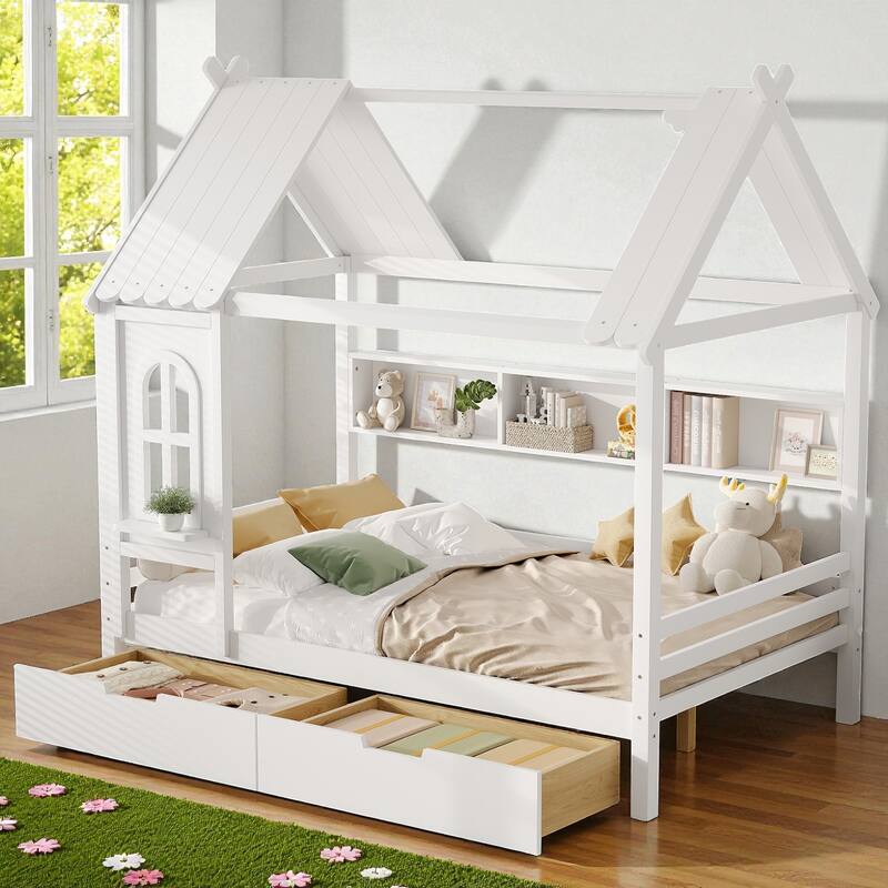 Twin/Full Size Wooden House Bed with Drawers and Shelves, Kids Platform Bed Frame with Window Roof Design